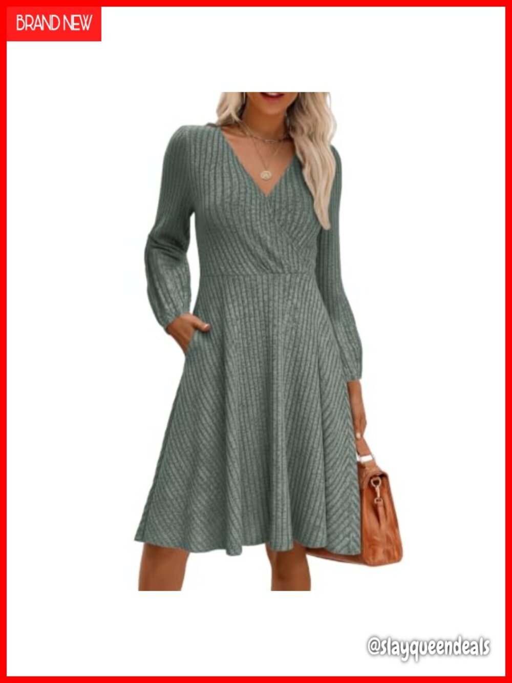 Long Sleeve V Neck Knit Sweater Dress Casual Midi Tunic with Pockets